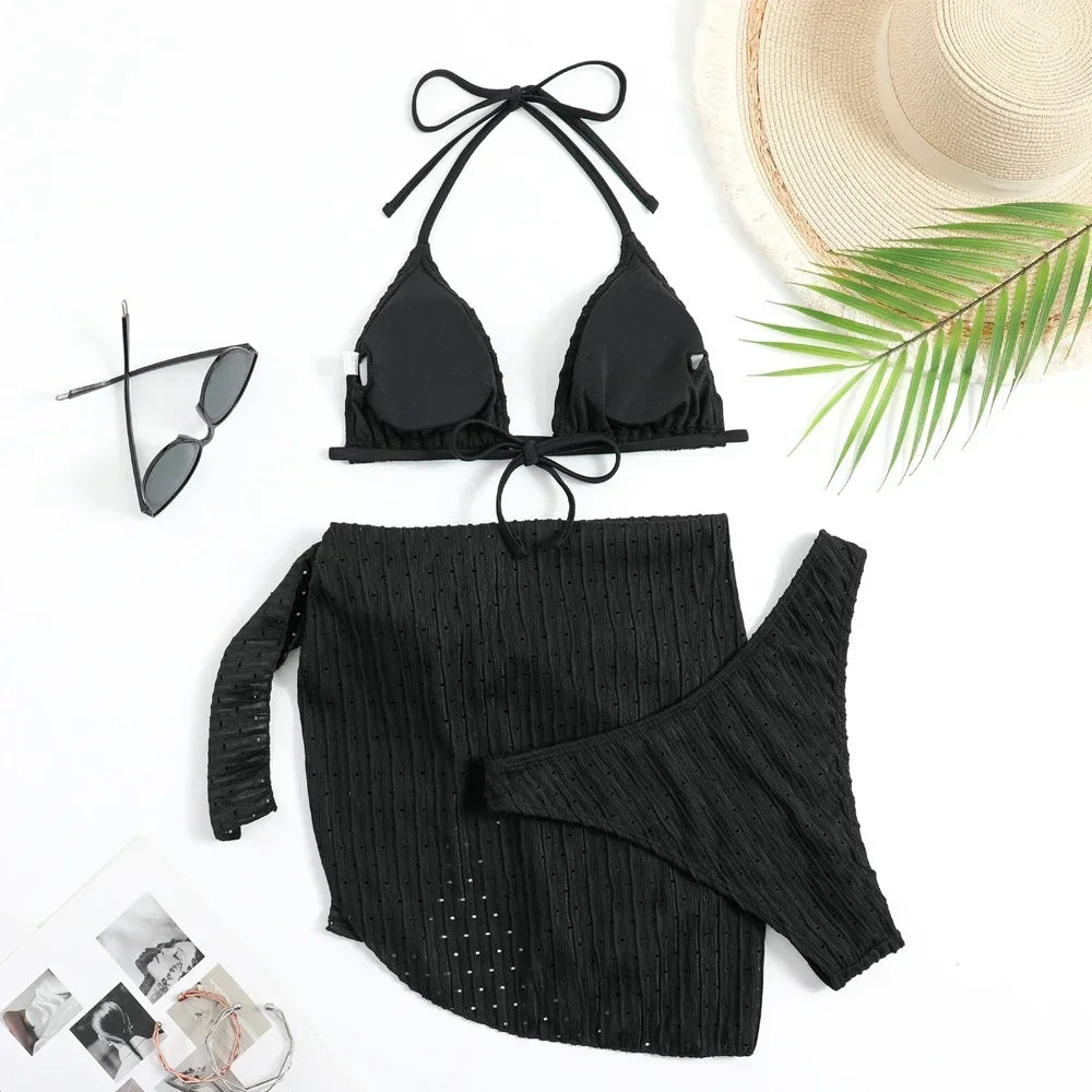 Trendy Women's 3 Piece Halter Bikini Set Sexy Thong Swimsuit Summer Bathing Suit Cover Up Thong Swimwear Biquini Brasileiro