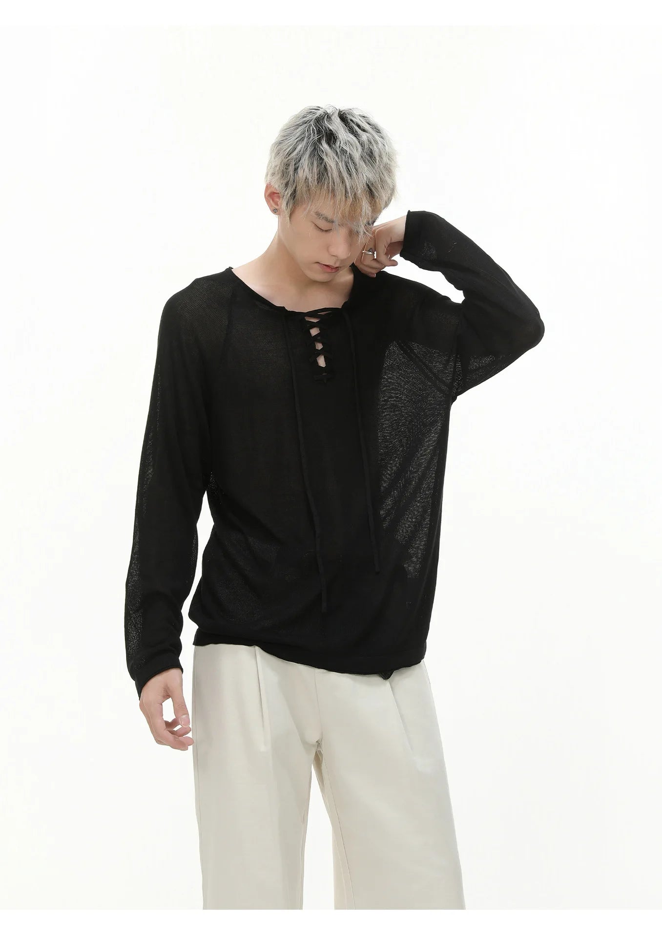 IEFB Niche Design Men's Tees Long Sleeved Round Collar Lace-up Solid Color Simple Tops Loose Pullover Male Tees Autumn 9X533