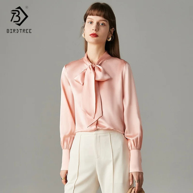 Birdtree,19MM 100%  Silk Blouse,Women Plain Satin Bow Tops,Single Breasted,French Syle Solid Shirt,2025 New T5D904JF