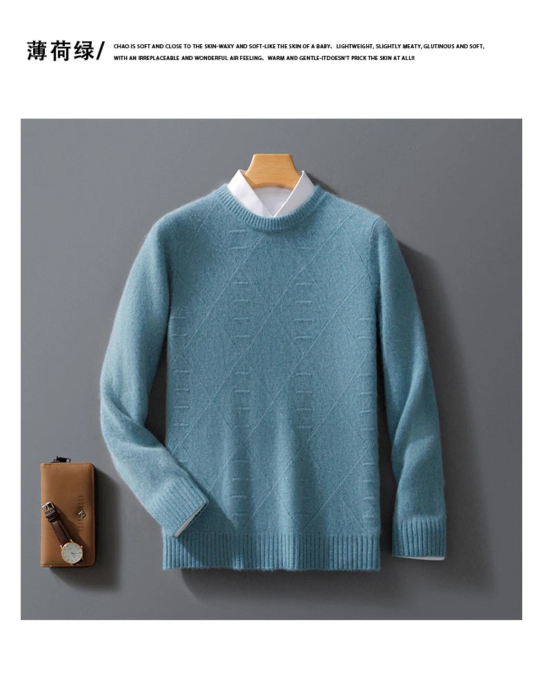ATTYYWS  100% Merino wool men's pullover O-neck sweater casual knitted solid color autumn and winter men's new wool sweater