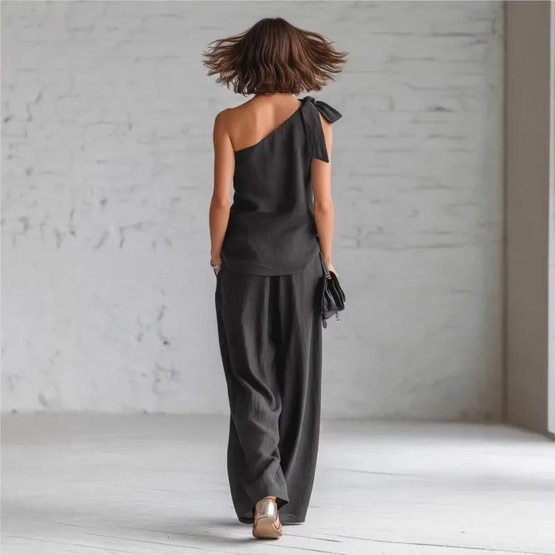 Casual Loose Summer Pants Set 2026 One Shoulder Single Strap Sleeveless Top+Wide Leg Pants Women's Casual Sportswear 2-piece Set