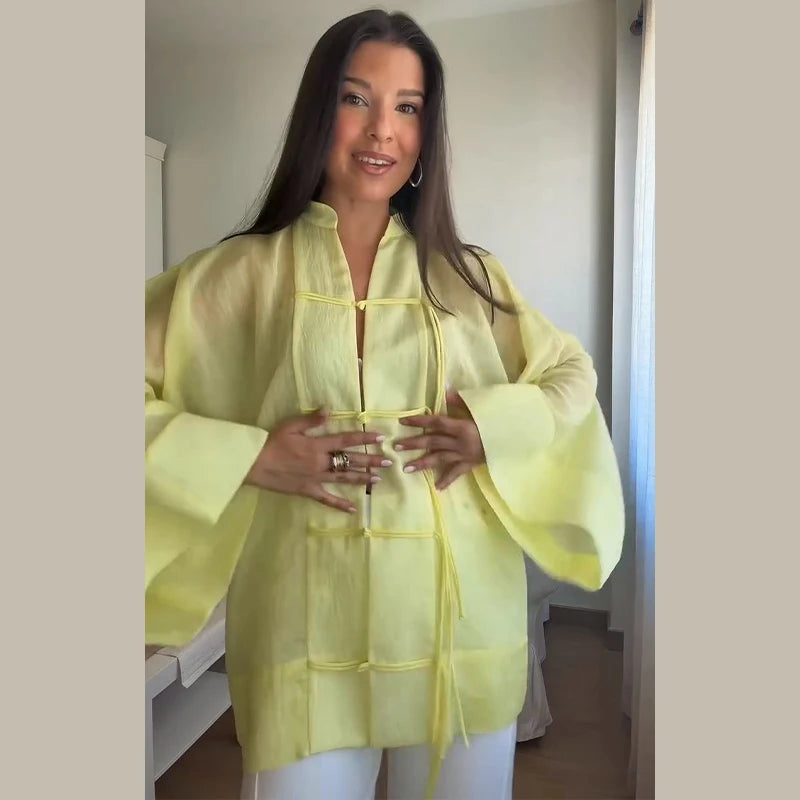 Loose Women's Frog Buttons Mandarin Shirts See Through Stand Collar Full Sleeve Blouses 2026 Summer Lady Cotton Linen Outwear