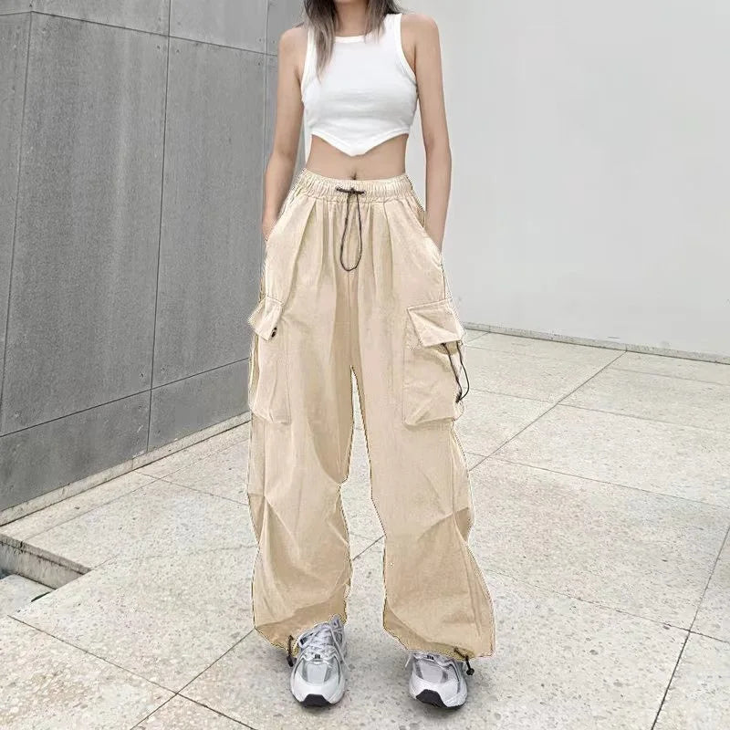 Women Streetwear Cargo Pants Elastic Waist Multi Pocket Loose Wide Leg Vintage Drawstring Casual Trousers