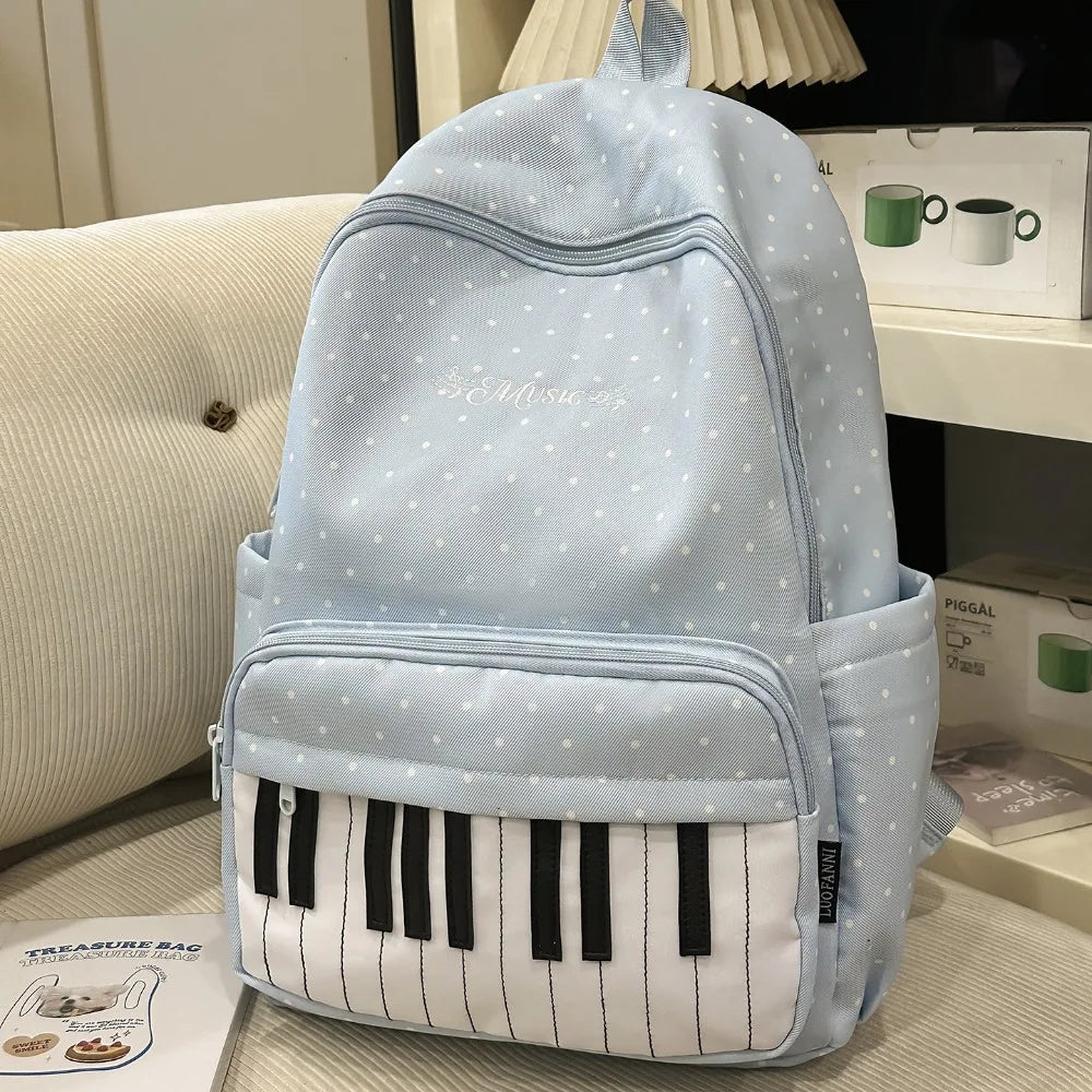 New Large Capacity Polka Dot Backpack Lightweight Multifunctional Piano Key Backpack Black Piano Mochilas for Women