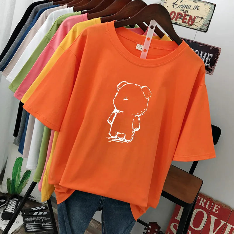 plus Size Women's Cotton T-Shirt Loose Fit Short Sleeve round Neck Print Design Comfortable Casual Style Korean Fashion
