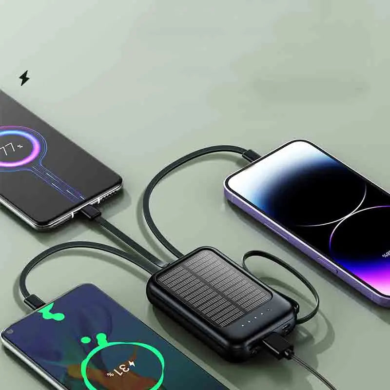 20000mah Solar Power Bank  Built-in Cable Portable Charger External Spare Battery with LED Light External Charger for IPhone Hua