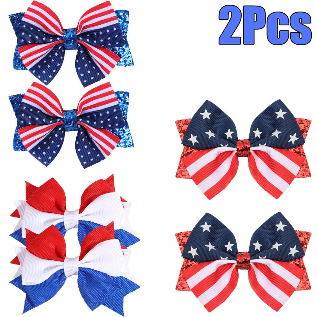 2Pcs USA Flag Bow Hair Clip Ribbon Patriotic American Flag Design Red White Blue Bow Barrettes For 4th Of July Party Accessories