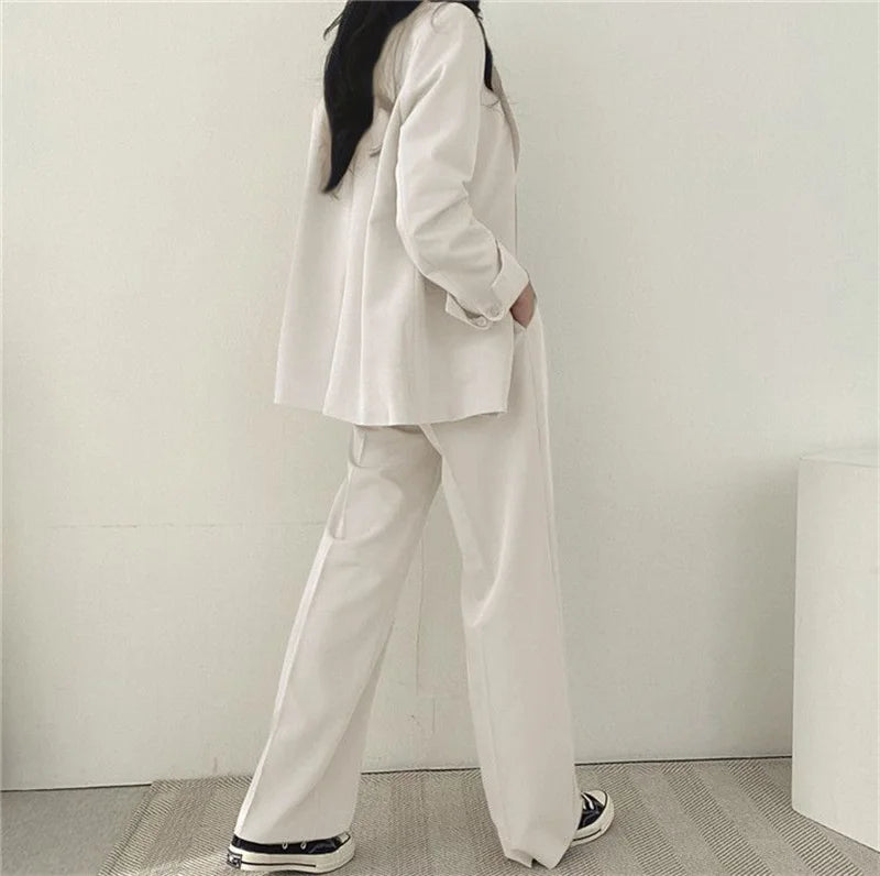 2026 Female Solid Color Blazer 2PCS Autumn Women Lapel Tops High Waist Outfit Korean Ladies Long Sleeves Suit Wide Leg Pants