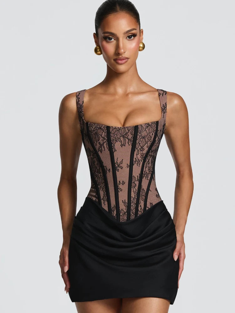 RLMABABY Sexy Lace Splice Ruched Women Mini Bodycon Dress Slim Square Collar Backless Corset Back Lace Up Club Party Short Dress