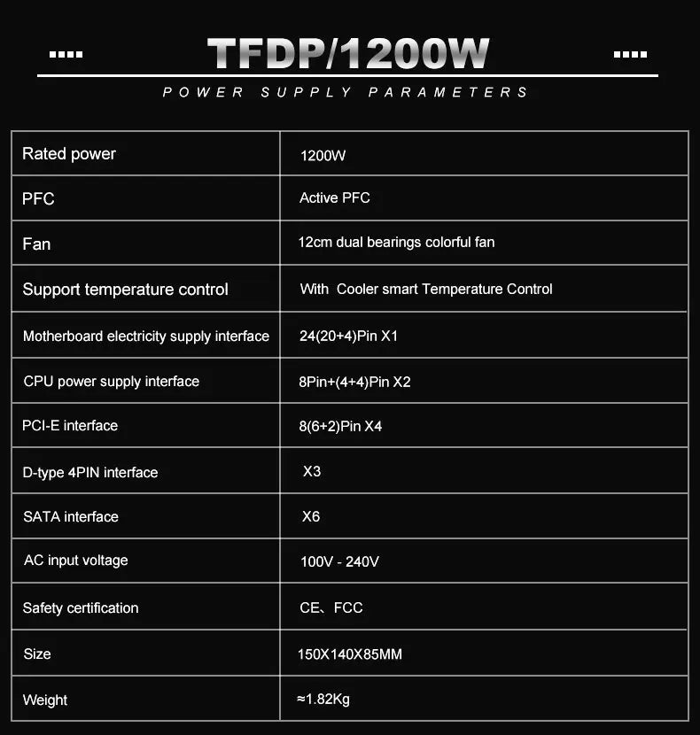 PCIE 5.0 1200W PC Power Supply Full Modular PSU For Power Source 1200W WATT Power Supply ATX PC PSU GPU Gaming Graphics