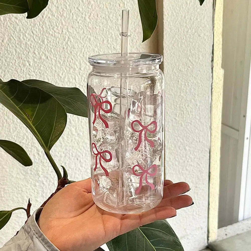 500ml Pink Bow Plastic Cups With Lids And Straws Reusable Bow Aesthetic Cup For Drinking Coffee Tea Cocktail For Party Support