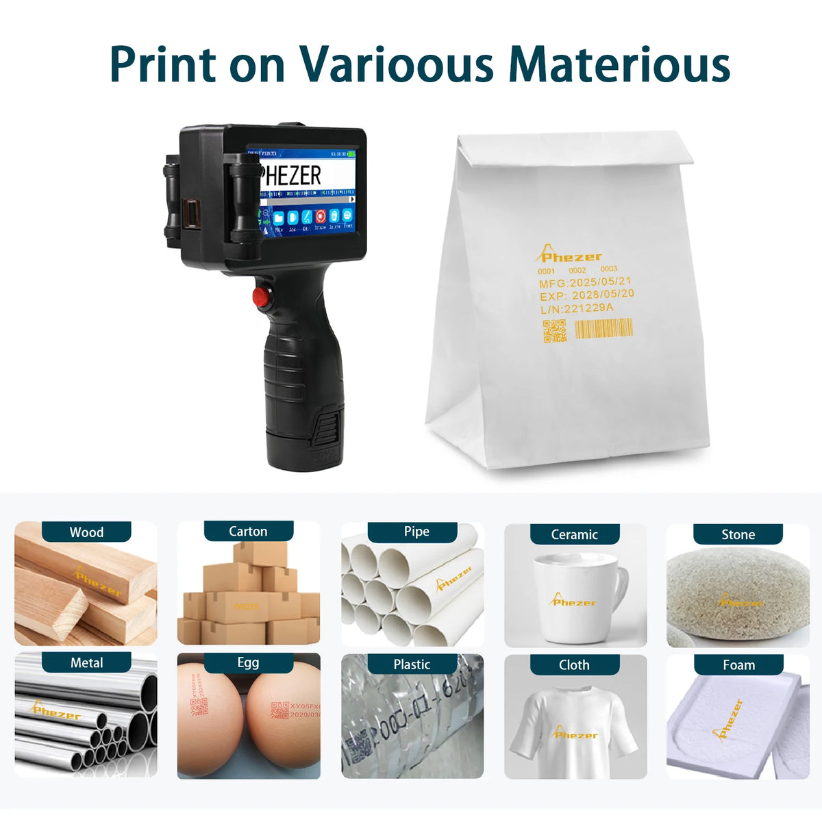 Phezer 12.7mm P17 Handheld Inkjet Printer and Yellow Ink Label Printer 28 Languages Date Number Expiry Date Logo QR Bar Batch