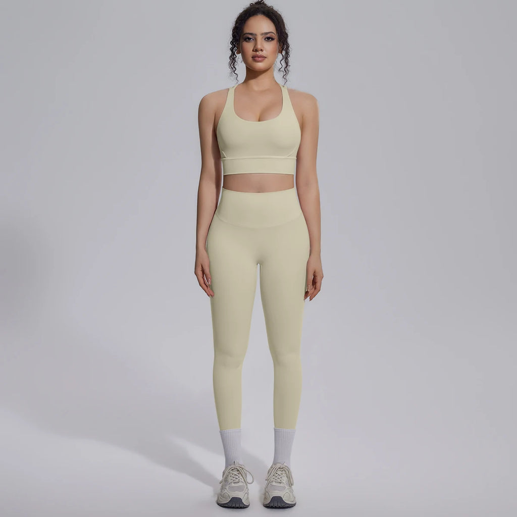 2PCS Yoga Set Summer Gym Sports Running Yoga Clothing Solid Color Cross Bra Workout Top High Waisted Quick Drying Fitness Pants