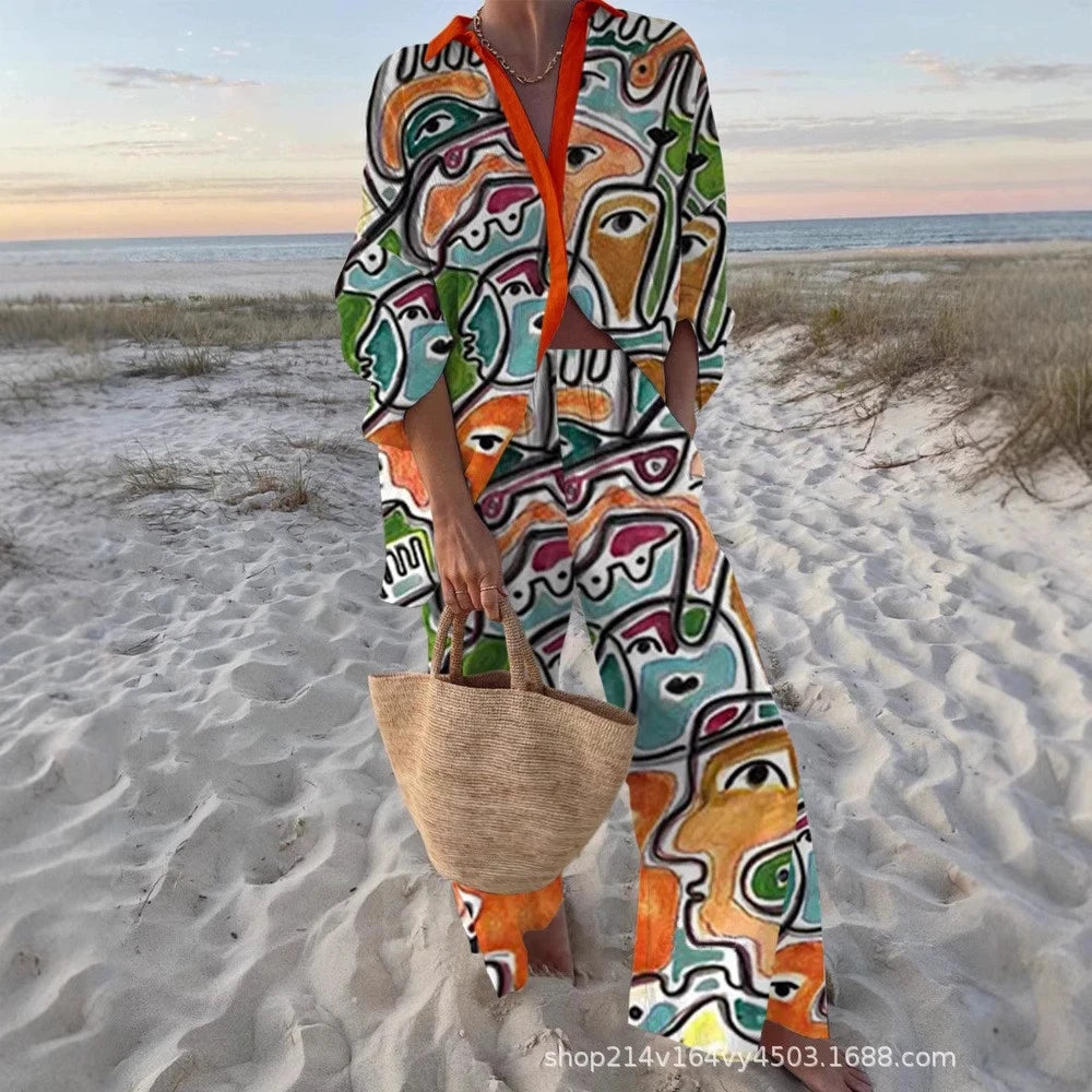 Women's Autumn Holiday Sets Outfits Fashion Print Long Sleeve Shirt Top+Wide Leg Pants 2 Pieces Set For Woman Boho Clothes New