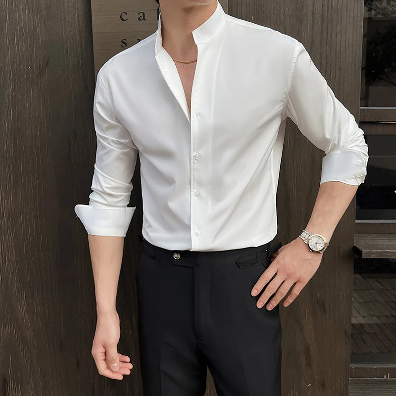 Business Dress white Shirt for Men 2026 British style Long Sleeved Solid Color Casual Elastic Slim Fit Shirt for Men's Clothing