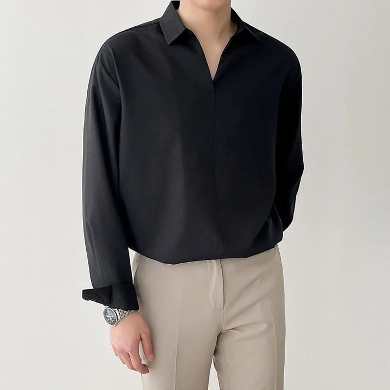 New Korean V Neck Men Shirts Luxury Casual Drooping Style Slim Solid Color Long Sleeve Pullover Blouse High Quality Autumn Tops