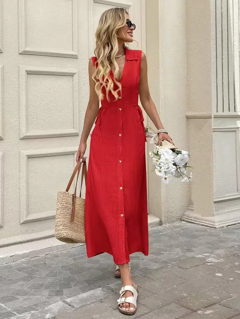 BohemianStyle Dress Sleeveless V-Neck ButtonFront Dresses Elegant Classic Solid Dresses Resort SeasideStyle Vacation Dresses