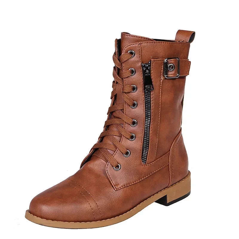 Women's Square Heels Ankle Booties  Autumn Winter PU Leather Short Work Boots Woman Plus Size Lace Up Elastic Botas Mujer 2024