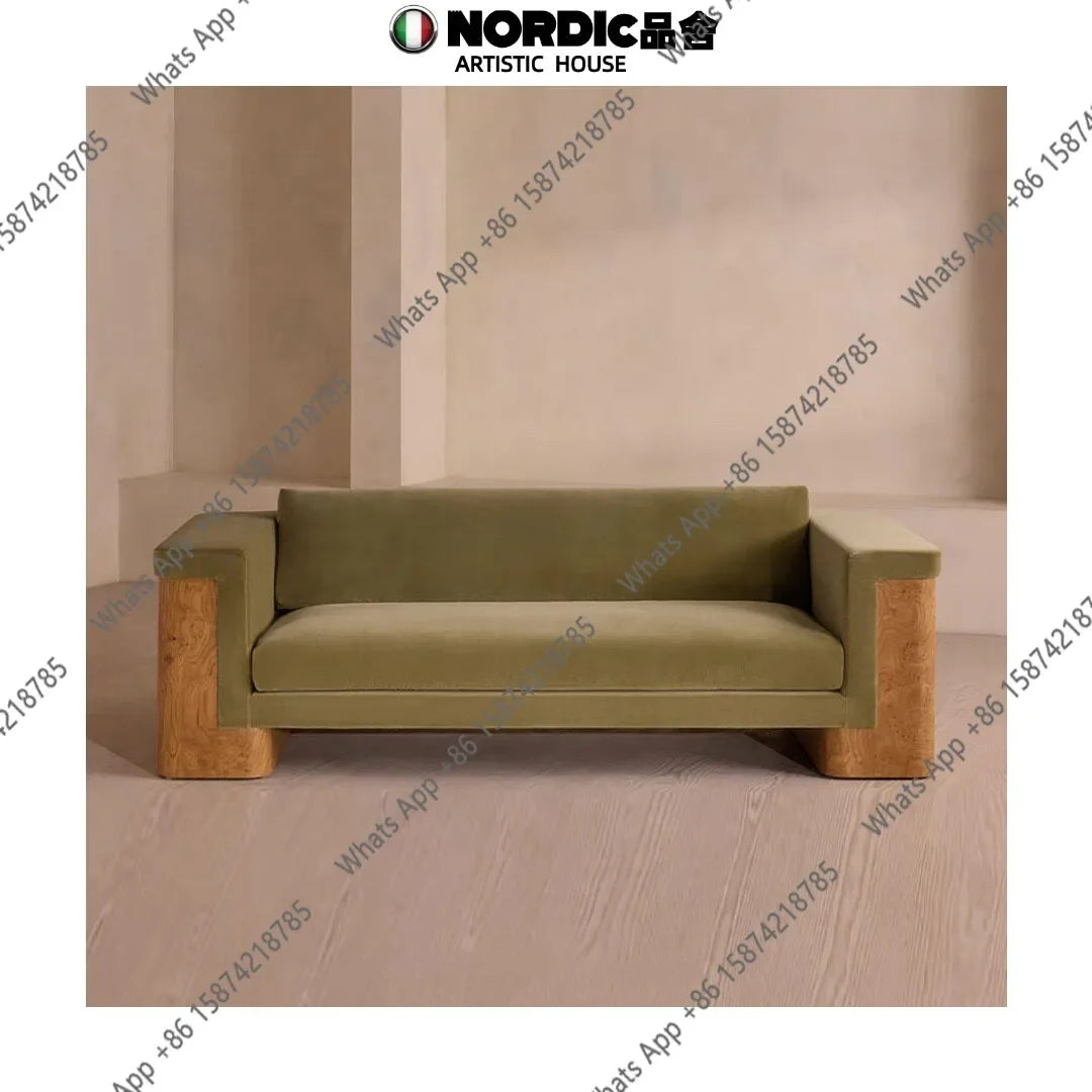 05 Medieval Style Designer Solid Wood Tree Rut Straight Row Sofa Wabi Sandy Wind Fabric Sofa American Country