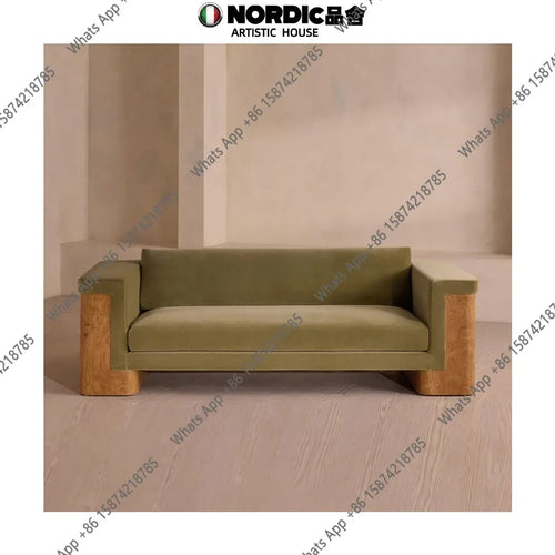 05 Medieval Style Designer Solid Wood Tree Rut Straight Row Sofa Wabi Sandy Wind Fabric Sofa American Country