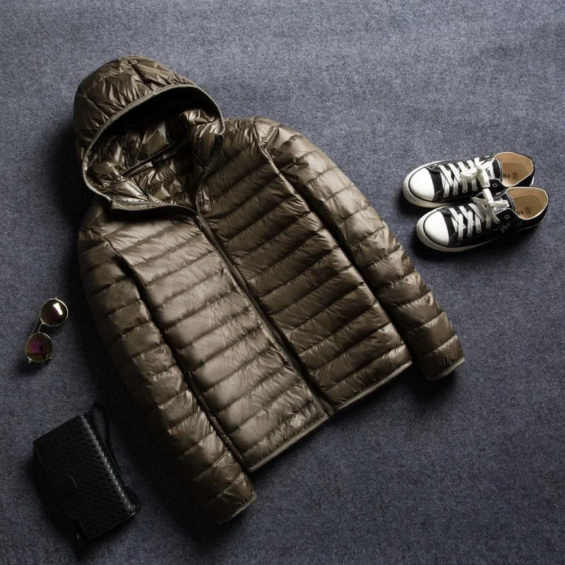 Down Cotton Coat Man 2025 Light Feathered Cotton Jacket Winter Slim Hooded Stand-Up Collar Solid Color Warm Clothing