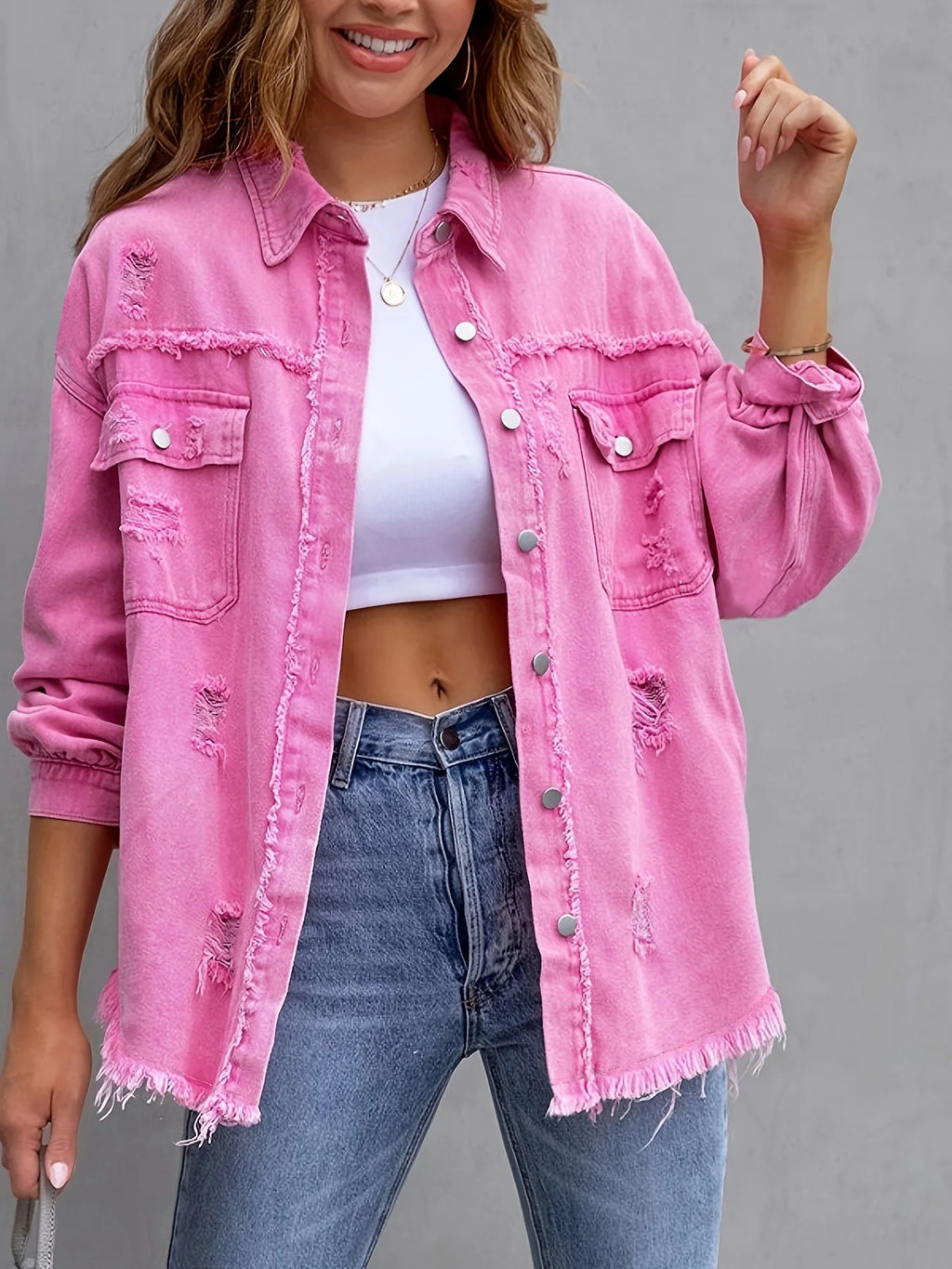 Women's Fashionable Solid Color Mid-Length Ripped Denim Jacket Long-Sleeved Spring Autumn Trend