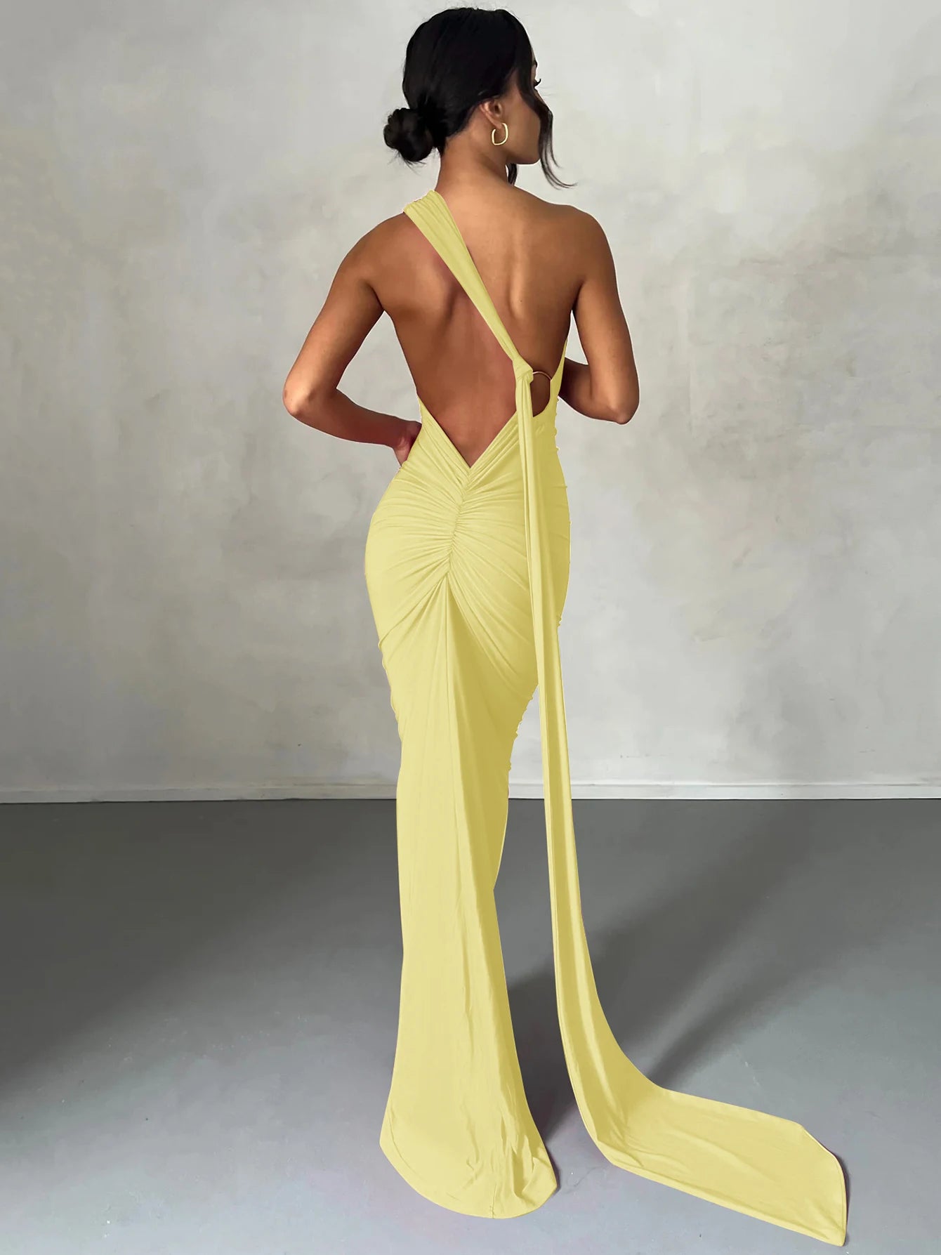 Hugcitar One Shoulder Backless Adjustable Scarf Loop Ruched Sexy Maxi Dress 2025 Women Elegant Y2K Streetwear Festival Outfit
