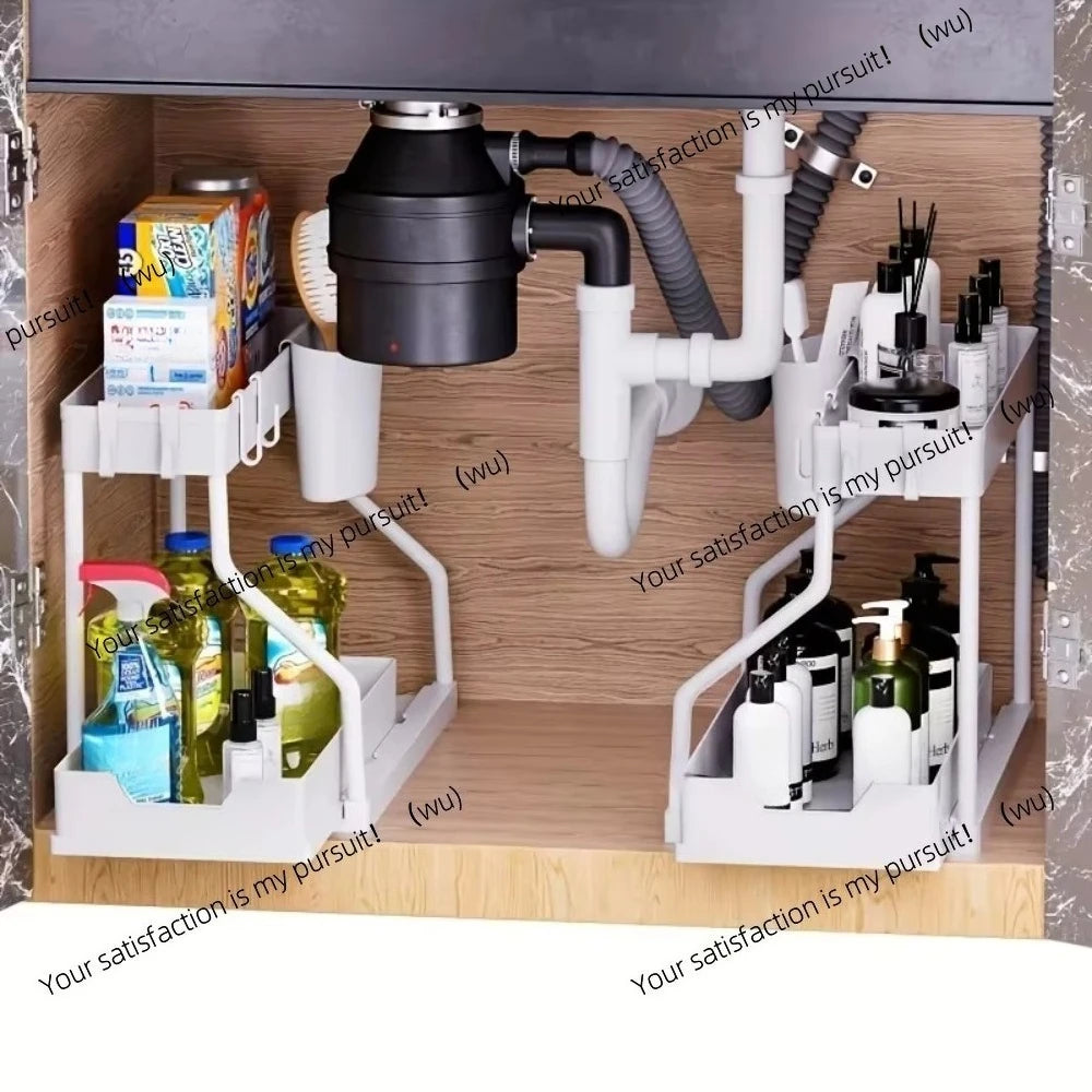 2 Tier Slide Out Under Sink Organizer with Hooks Large Capacity Space Saving Storage Rack for Kitchen Bathroom Cabinet Durable