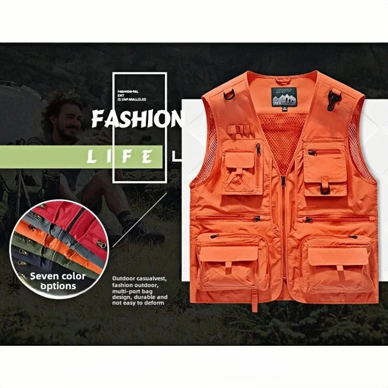 Men's Vest Summer Casual Photography Fishing Multi-Pocket Vest Outdoor Leisure Mountain Climbing Sleeveless V-Neck Custom Logo