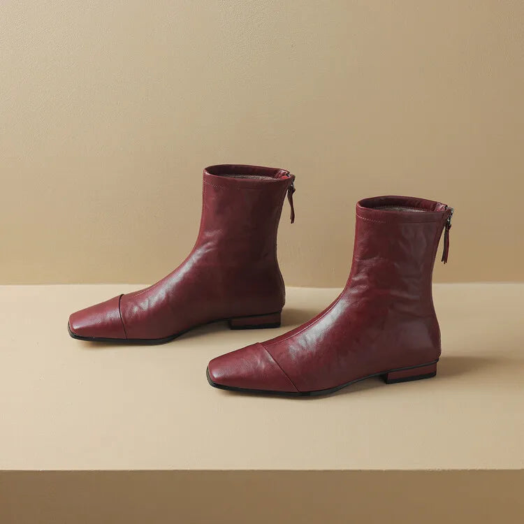 NEW Autumn/Winter Women Boots Square Toe Low Heel Shoes Genuine Leather Shoes for Women Concise Zipper Short Boots Modern Boots