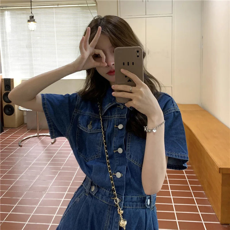 Women Vintage Denim Shirt Dress High Waist A-line Jean Mini Dress for Ladies Retro Y2K Streetwear Dresses for Women Party Outfit