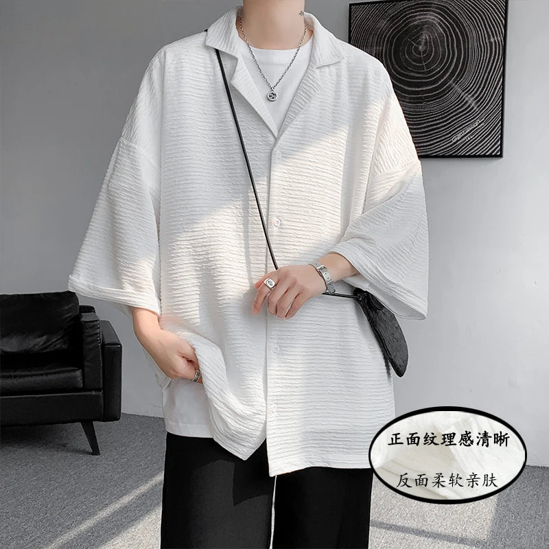 Ice Silk Shirt Men's High Quality Summer Fashion Brand ins 5-sleeve shirt loose casual masculina camisas hombre