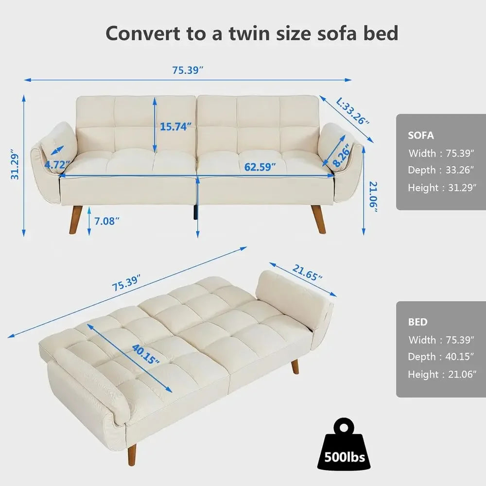 Twin Size Convertible Sleeper Sofa with Reclining Linen Split Back and Pillow Top Arms for Compact Living Spaces in Beige