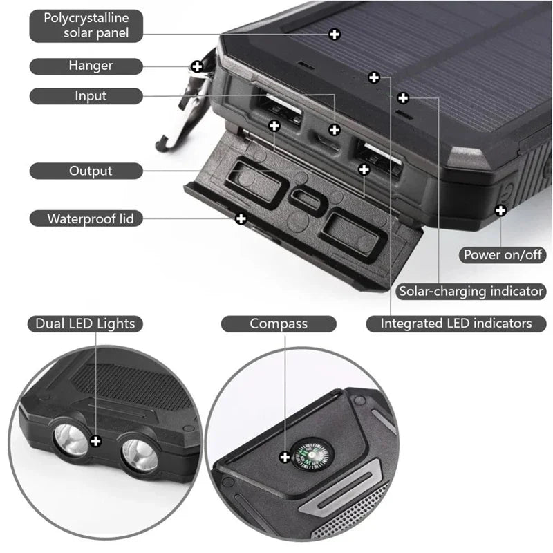 200000mAh Solar Power Bank Waterproof Portable Solar Panel Powerbank External Battery Charger Powerbank with LED Camping Light