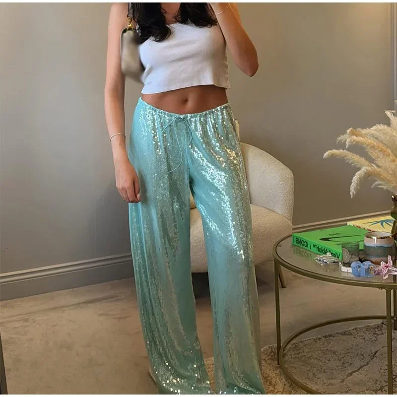 Solid Sequin Elastic Waist Pants Women Loose Fashion Lace Up Wide Leg Trousers Female 2026 Spring Summer Chic Streetwears Outfit