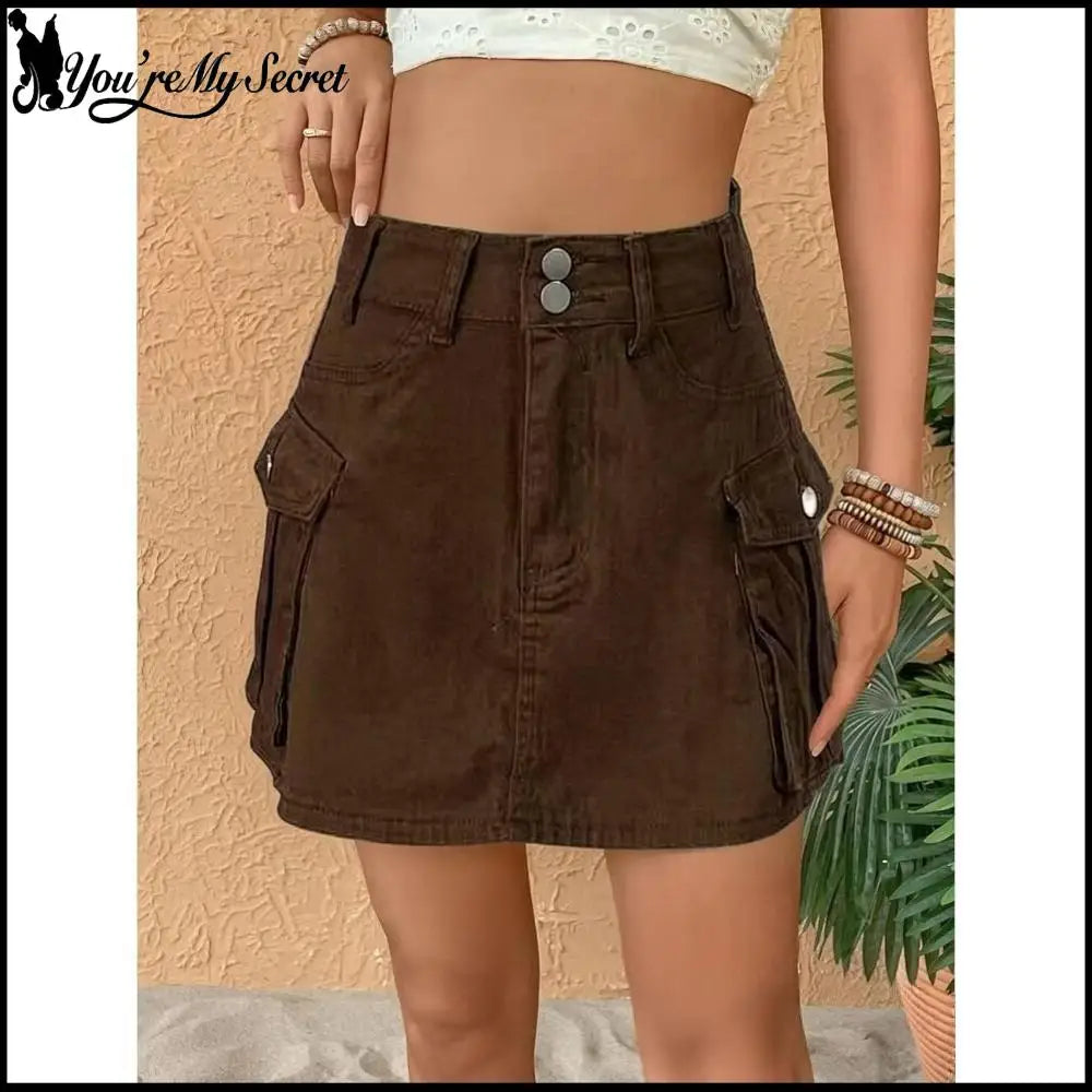 Sexy Women High Waist Cargo Denim Mini Skirt Double Button Multi Pocket A Line Short Skirt Y2K Streetwear Casual Jean Dress