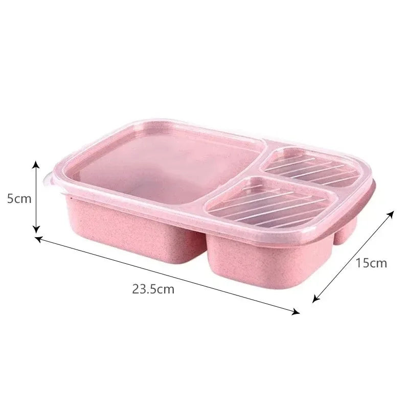 1pcs Lunch Box 3 Compartments Wheat Straw Rice Preparation Lunch Box with Transparent Plastic Cover Food Storage Container