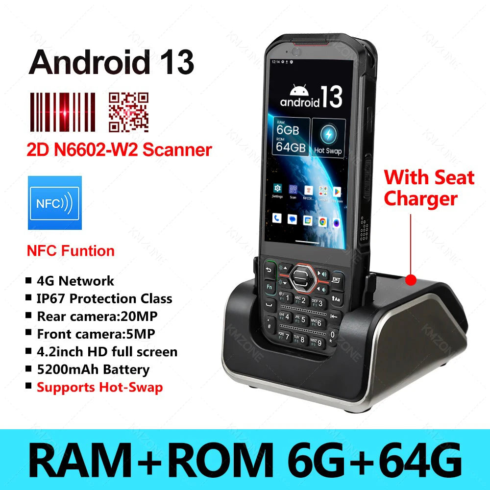 Android 13 Handheld PDA 1D 2D QR Portable Barcode Scanner Reader 6GB+64GB POS Terminal Data Collector with Hot-swap/Cradle