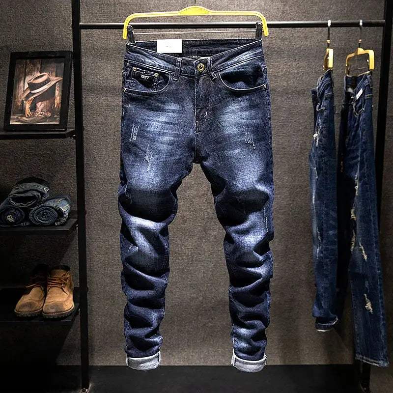 Elastic Fashion Jeans Men Ripped Vintage Slim Denim Pants Hip Hop Distressed Frayed Fashion Men's Clothing Pants