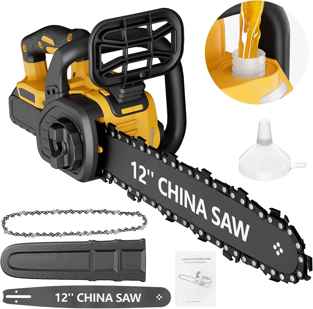 12" Cordless Chainsaw Handheld Garden Electric Chain Saw for Tree Branch Wood Cutting Compatible With DeWalt 20v Battery