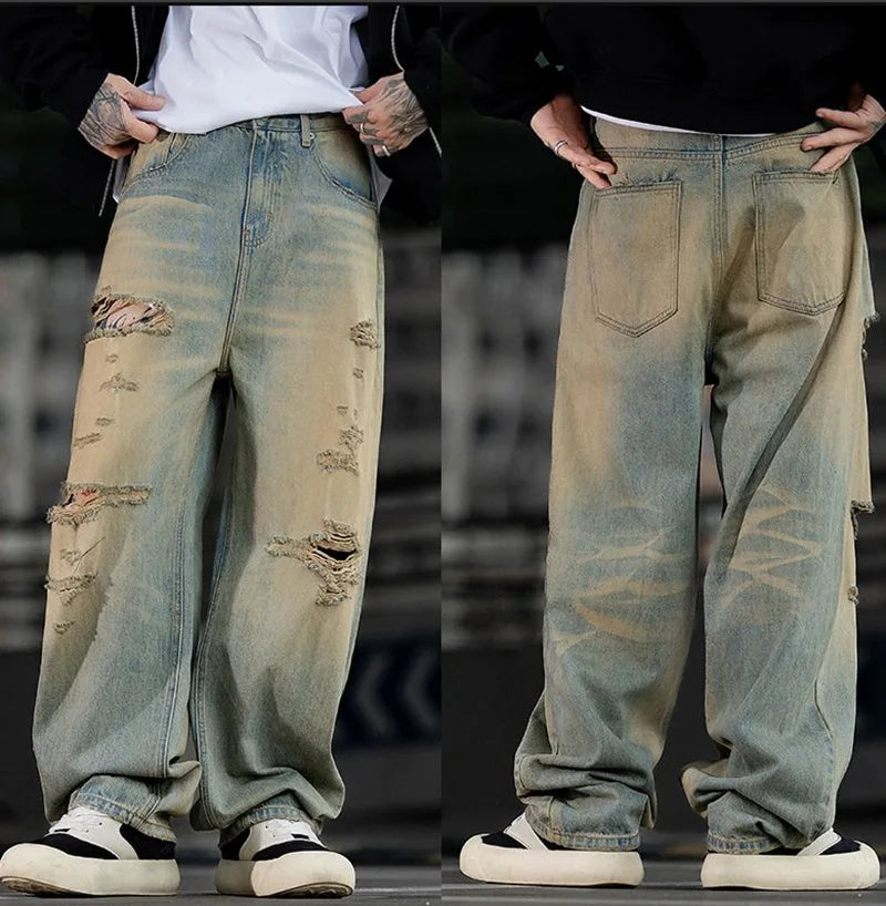 Fashionable Ripped Men's Jeans High Street Vintage Washed Pure Cotton Denim Pants Loose Straight Leg Casual Daily Male Trousers