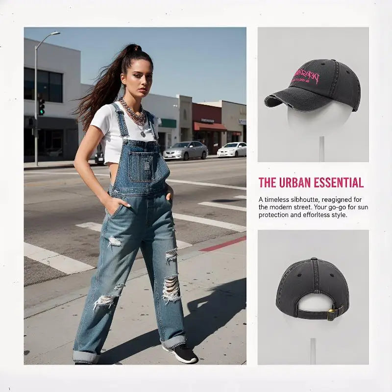 Retro Baseball Cap For Women Summer Washed Denim Letter Sun Hat Wide Brim Fashionable Duckbill Cap
