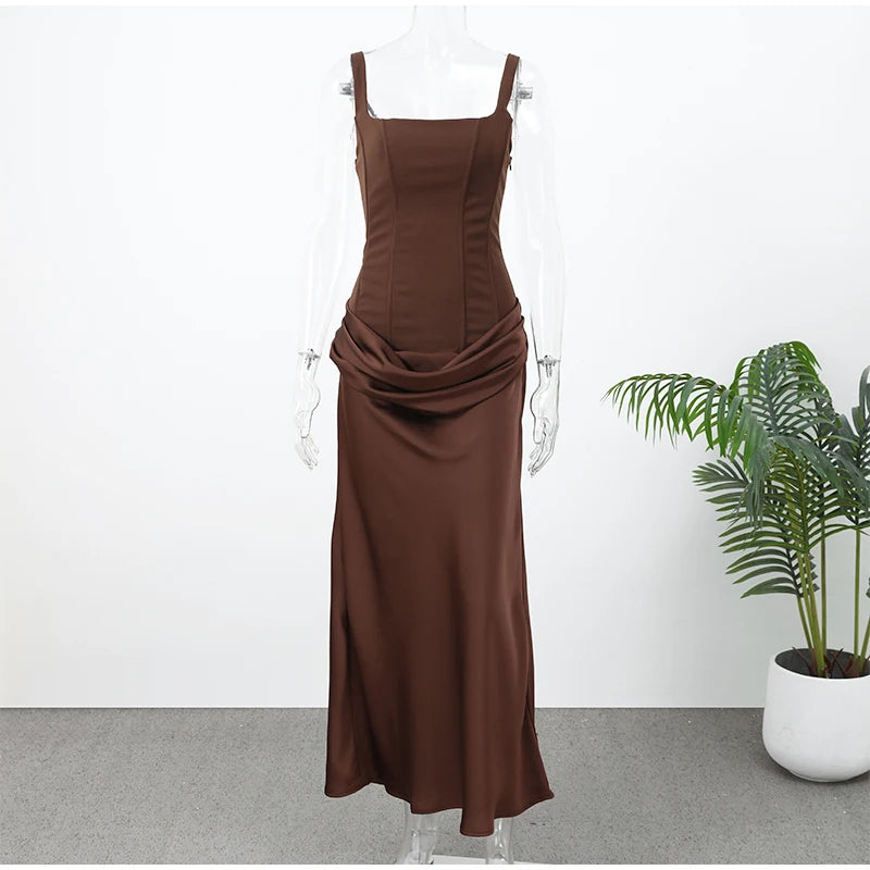 Solid Pleated Sling Dress Women Square Neck Sleeveless Off-shoulder Waist Cinching Slim Dresses 2026 Lady Evening Party Gowns
