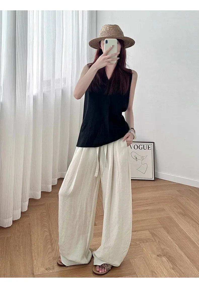 Loose Casual Cotton Linen Trousers Women Full Length Drawstring Women's Wide-leg Pants Summer Thin Linen Navy Blue Baggy Pants