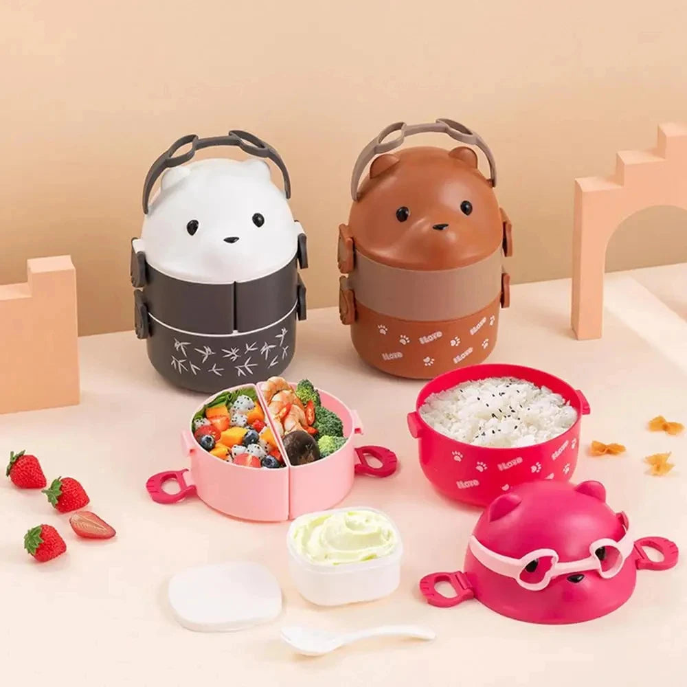 Eyeglass Bear Thermal Bento Box Stackable Bento Box Portable Cute Cartoon Children Lunch Box Double Layer Food Storage Container