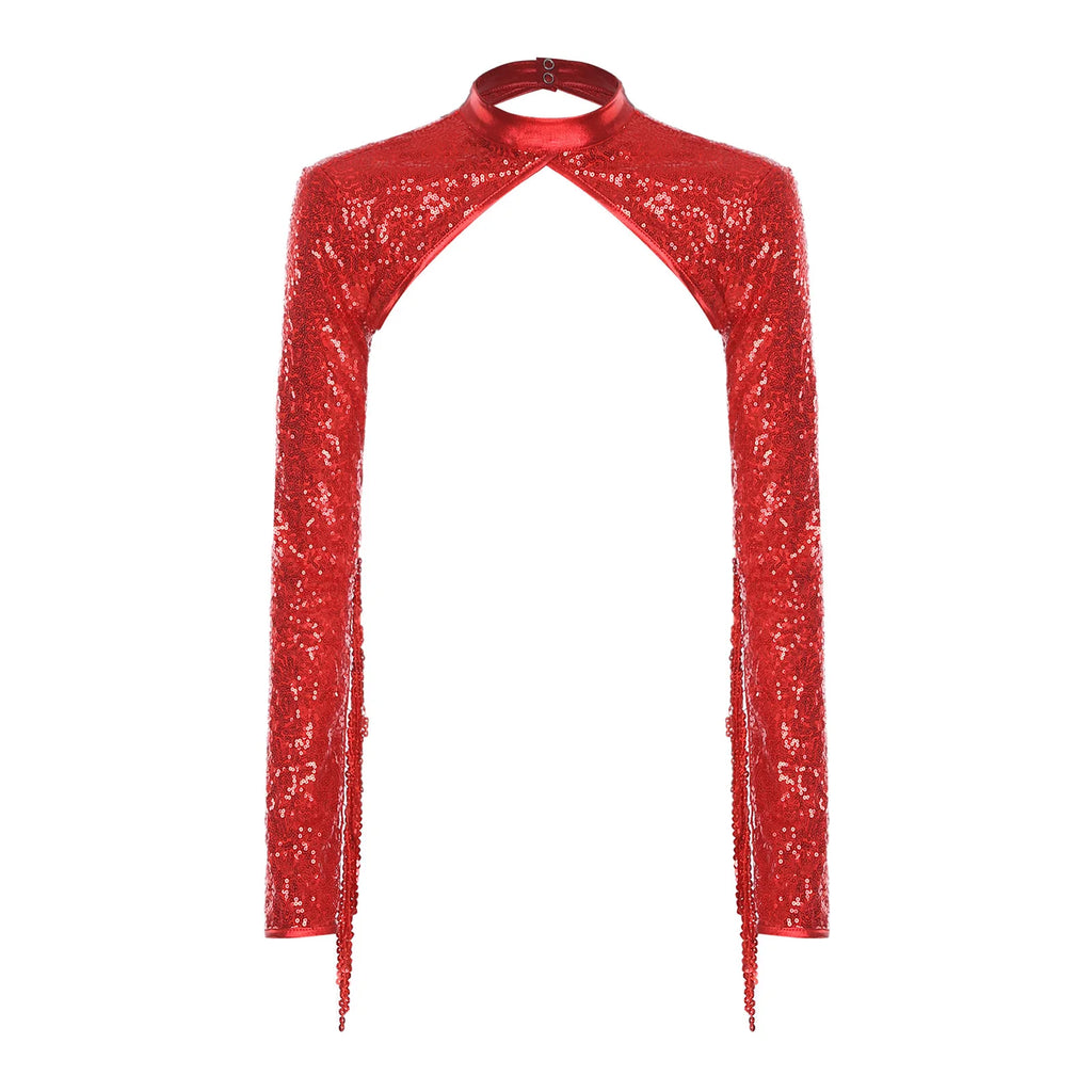 Womens Glitter Sequin Fringe Bolero Long Sleeve with Tassel Allover Sequin Shrugs Shawls Cropped Cardigan for Music Raves Party