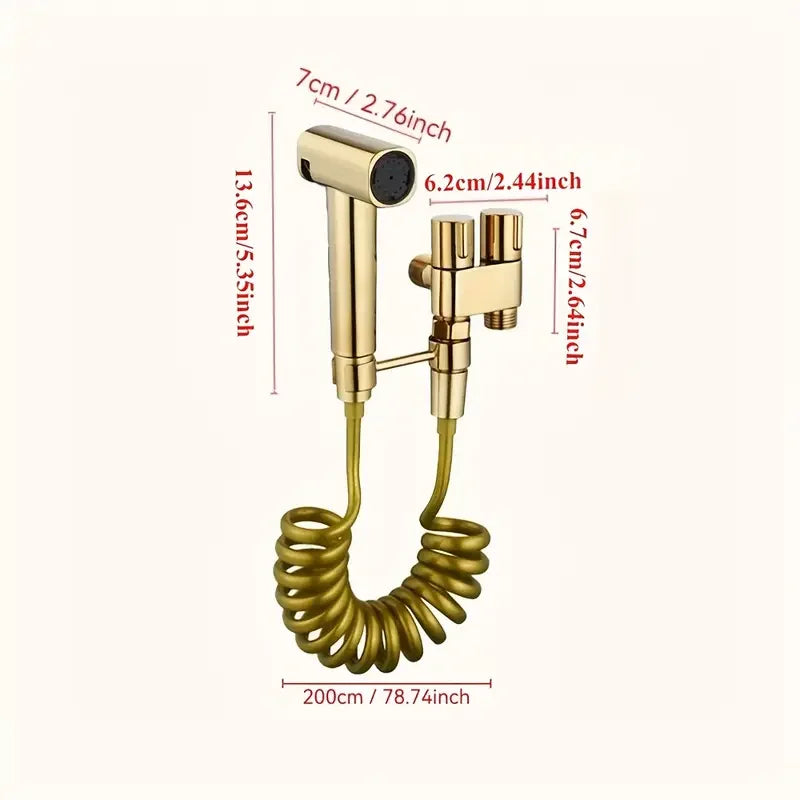 Premium toilet spray gun with gold finish, wall mounted, equipped with handheld bathtub sprayer and 2m hose dual spray