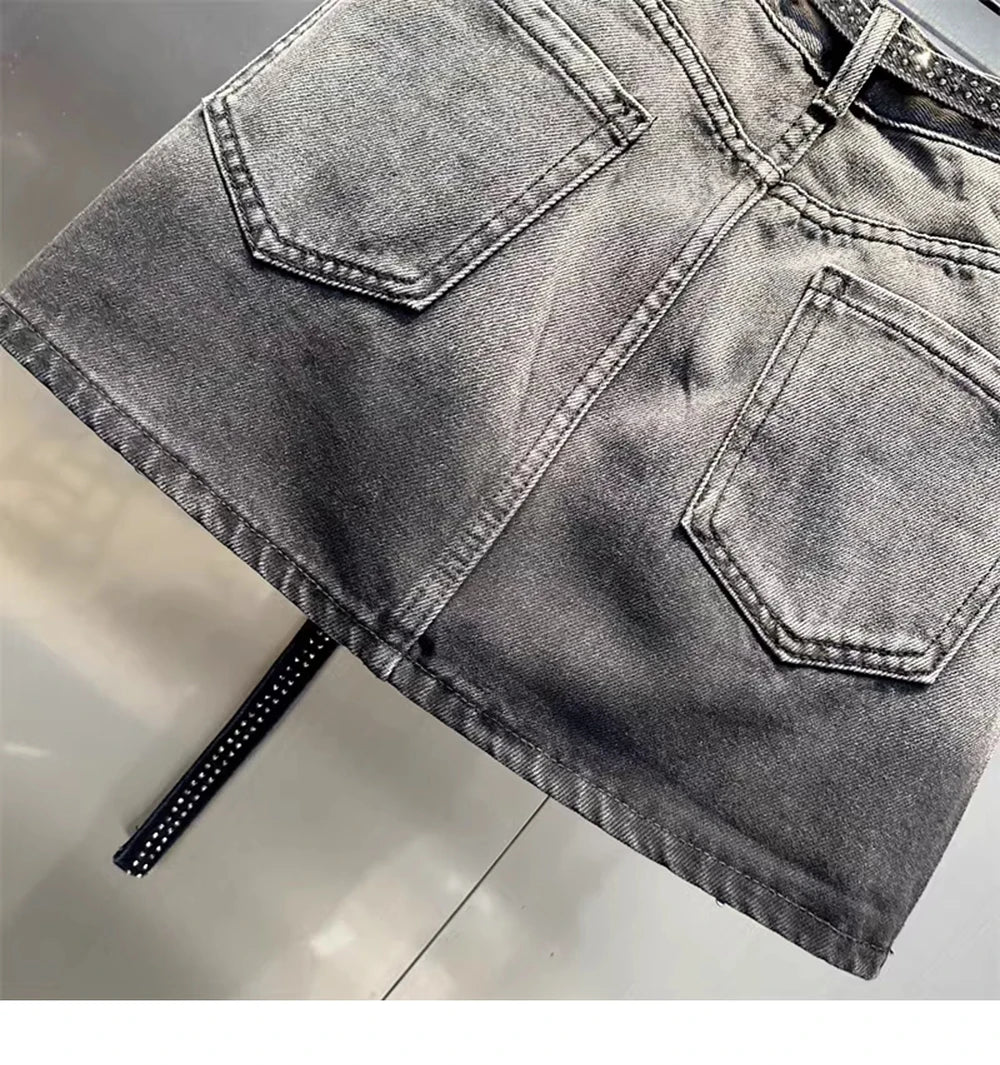 Oversize Retro Diamond Denim Mini Skirt for Women Summer High Waist Shiny Rivet Slim Skirts Gradient Black Grey Jean Skirts