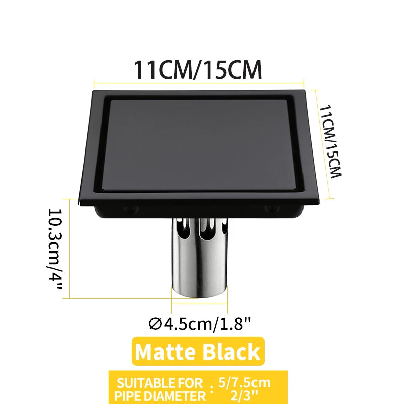 Square Shower Drain Tile Insert Anti Odor Stainless Steel Floor Drain Kit with Removable Grate Cover Hair Strainer Black Gold