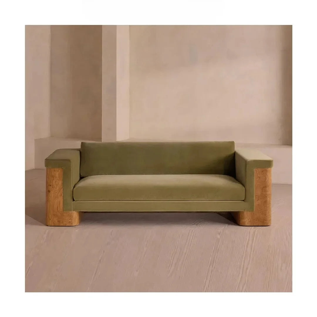 05 Medieval Style Designer Solid Wood Tree Rut Straight Row Sofa Wabi Sandy Wind Fabric Sofa American Country